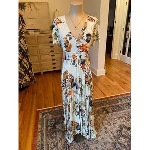 Women's Floral Print Maxi Dress V Neck Short Sleeve Size Large